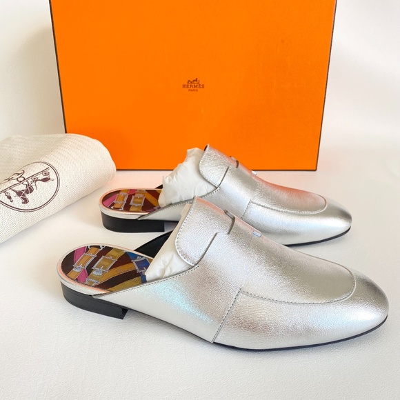 HERMES H CATENA SILVER LEATHER MULES FLIP FLOPS SHOES FLAT SLIDES 35.5 - Picture 1 of 16